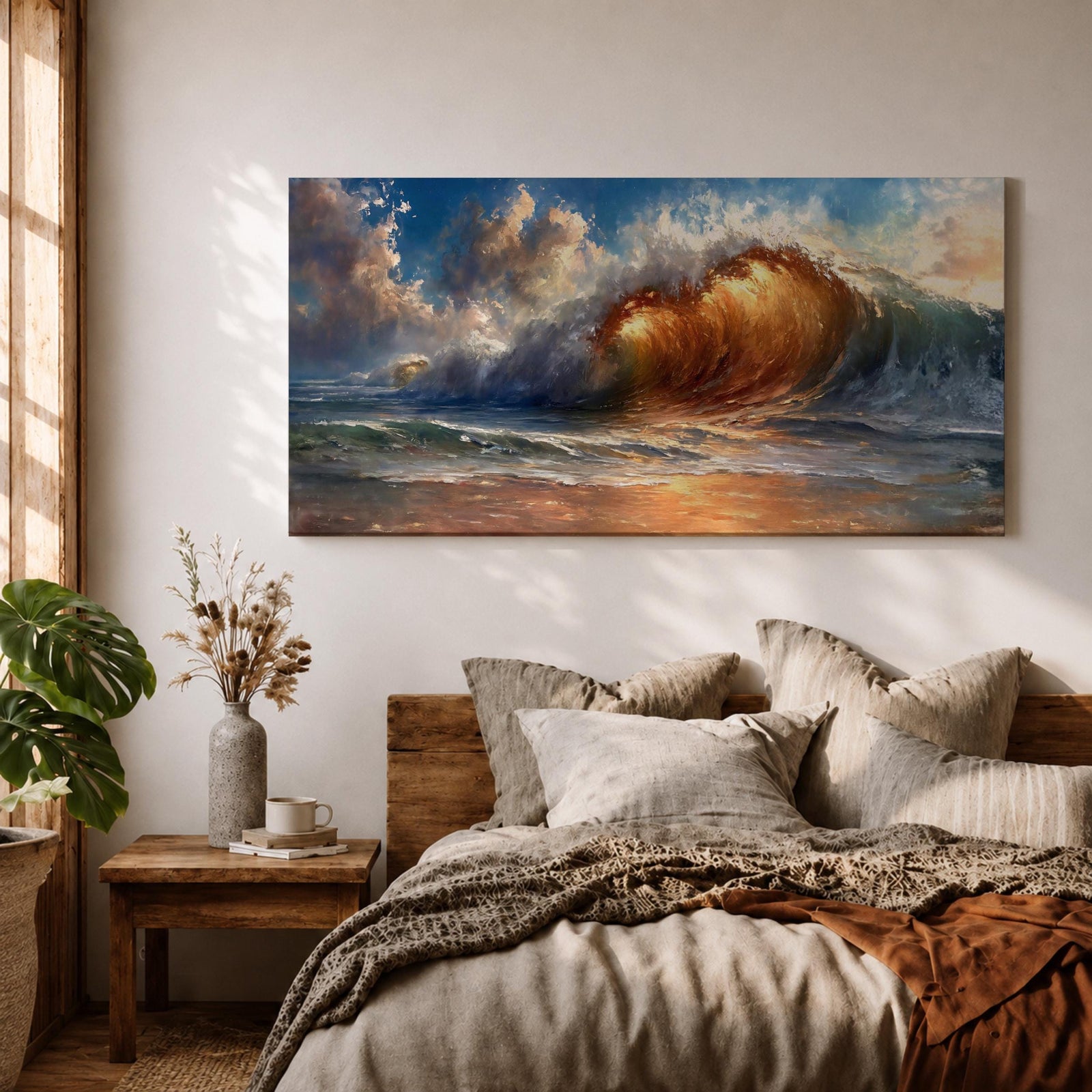 A panoramic painting of a powerful ocean wave cresting toward the shore, illuminated by warm golden light within the curl, with textured brushstrokes capturing the motion of water, foam, and reflections beneath a sky filled with dynamic clouds, creating a dramatic and energetic seascape composition.