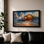 A panoramic painting of a powerful ocean wave cresting toward the shore, illuminated by warm golden light within the curl, with textured brushstrokes capturing the motion of water, foam, and reflections beneath a sky filled with dynamic clouds, creating a dramatic and energetic seascape composition.