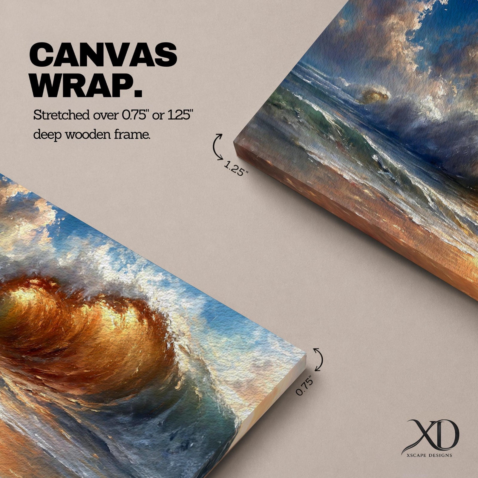 A panoramic painting of a powerful ocean wave cresting toward the shore, illuminated by warm golden light within the curl, with textured brushstrokes capturing the motion of water, foam, and reflections beneath a sky filled with dynamic clouds, creating a dramatic and energetic seascape composition.