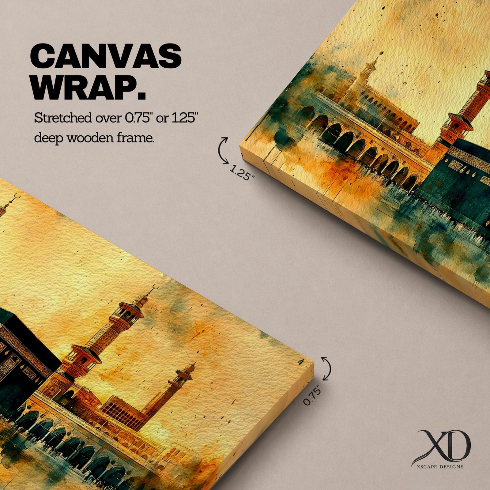 A panoramic watercolor-style painting of the Kaaba in Mecca with soft blended tones of gold, green, and beige, featuring subtle architectural details and a fluid artistic background.