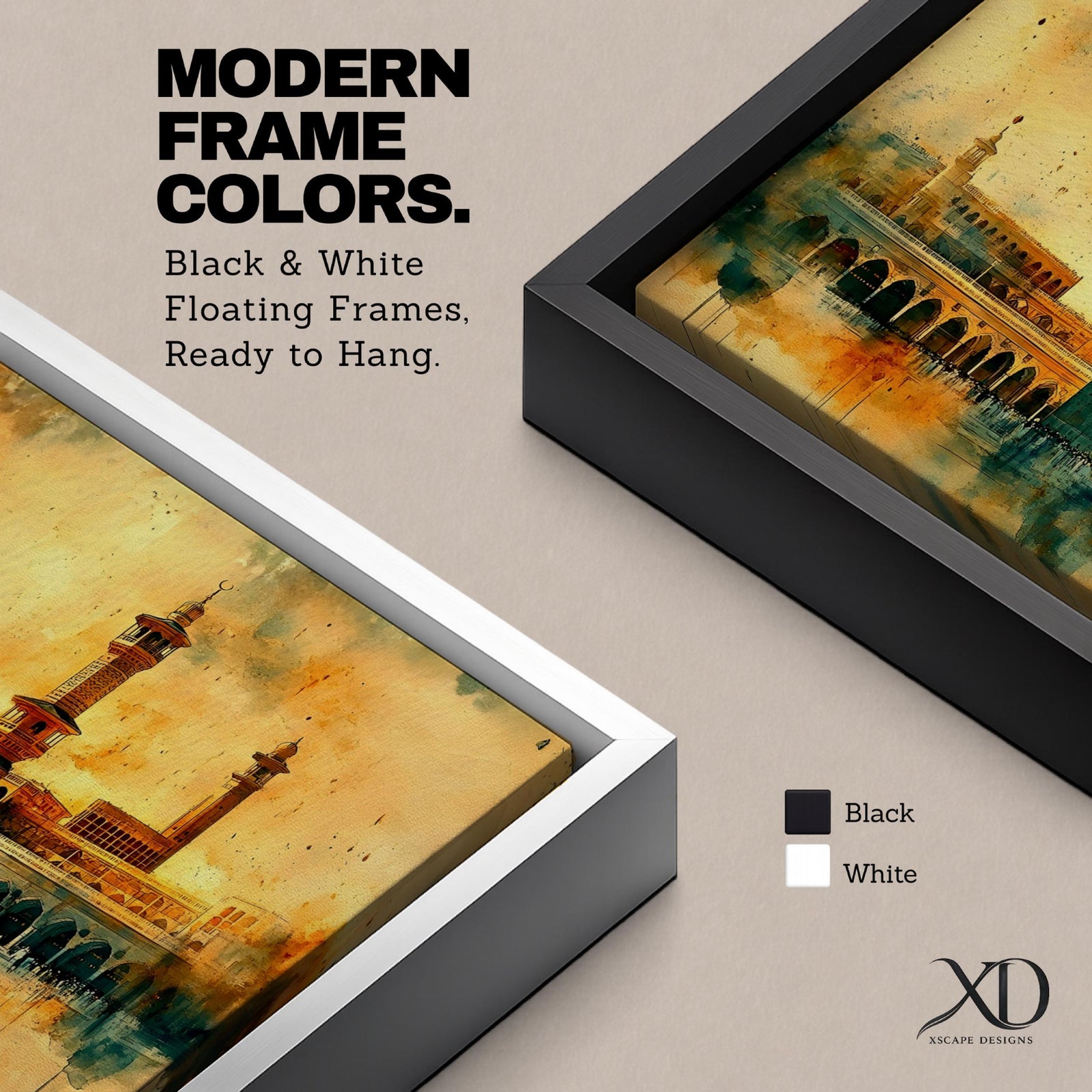 A panoramic watercolor-style painting of the Kaaba in Mecca with soft blended tones of gold, green, and beige, featuring subtle architectural details and a fluid artistic background.
