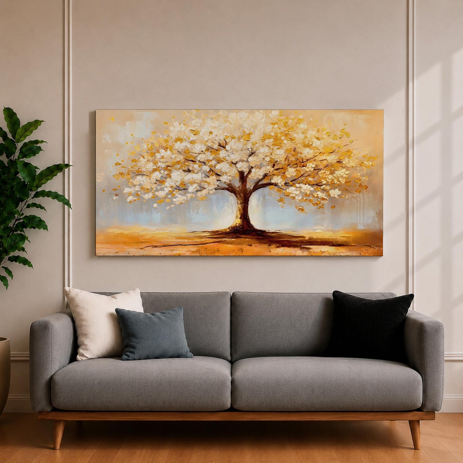 A panoramic painting of a golden tree with blooming leaves in soft white and gold tones, set against a dreamy abstract background with warm light and textured brushstrokes.