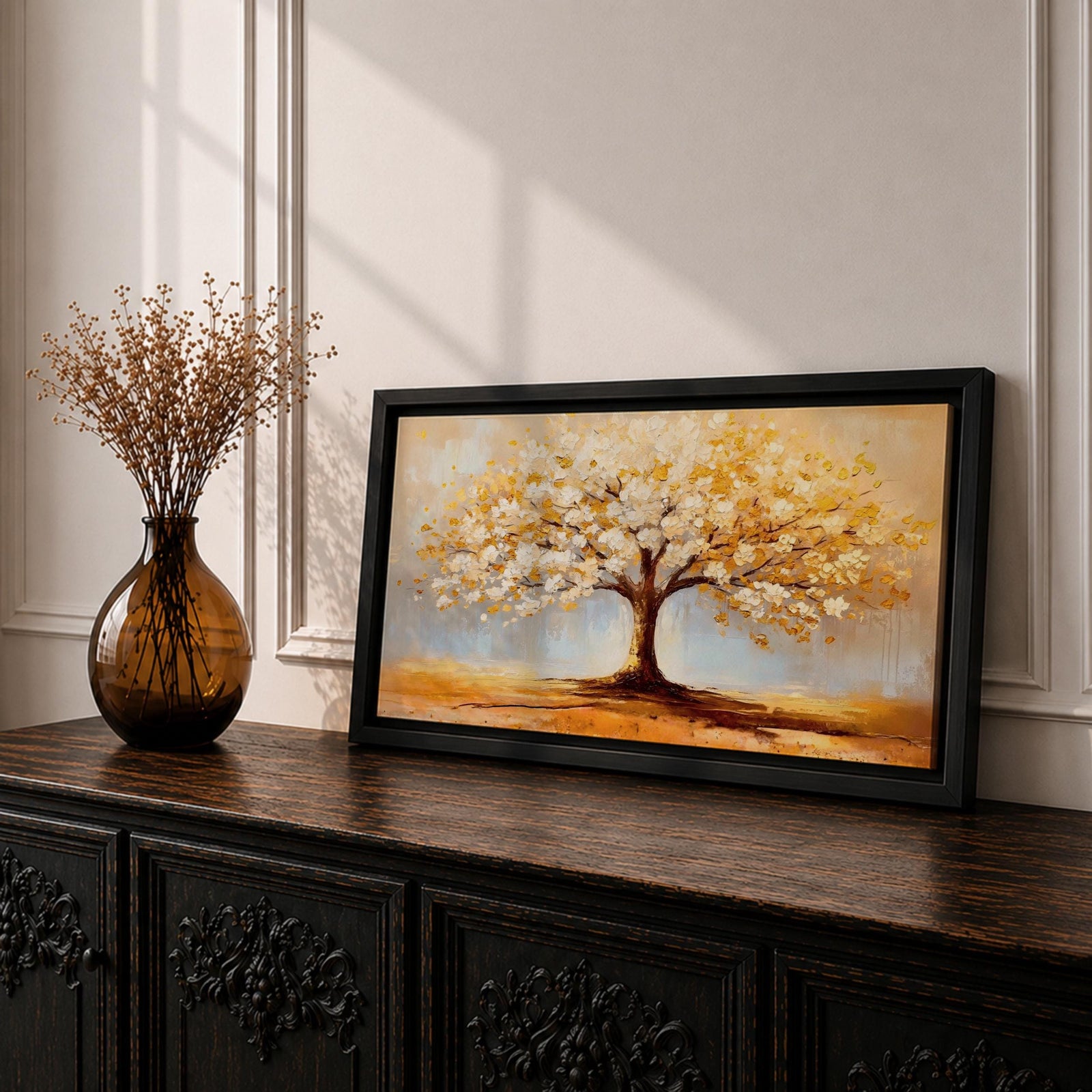 A panoramic painting of a golden tree with blooming leaves in soft white and gold tones, set against a dreamy abstract background with warm light and textured brushstrokes.