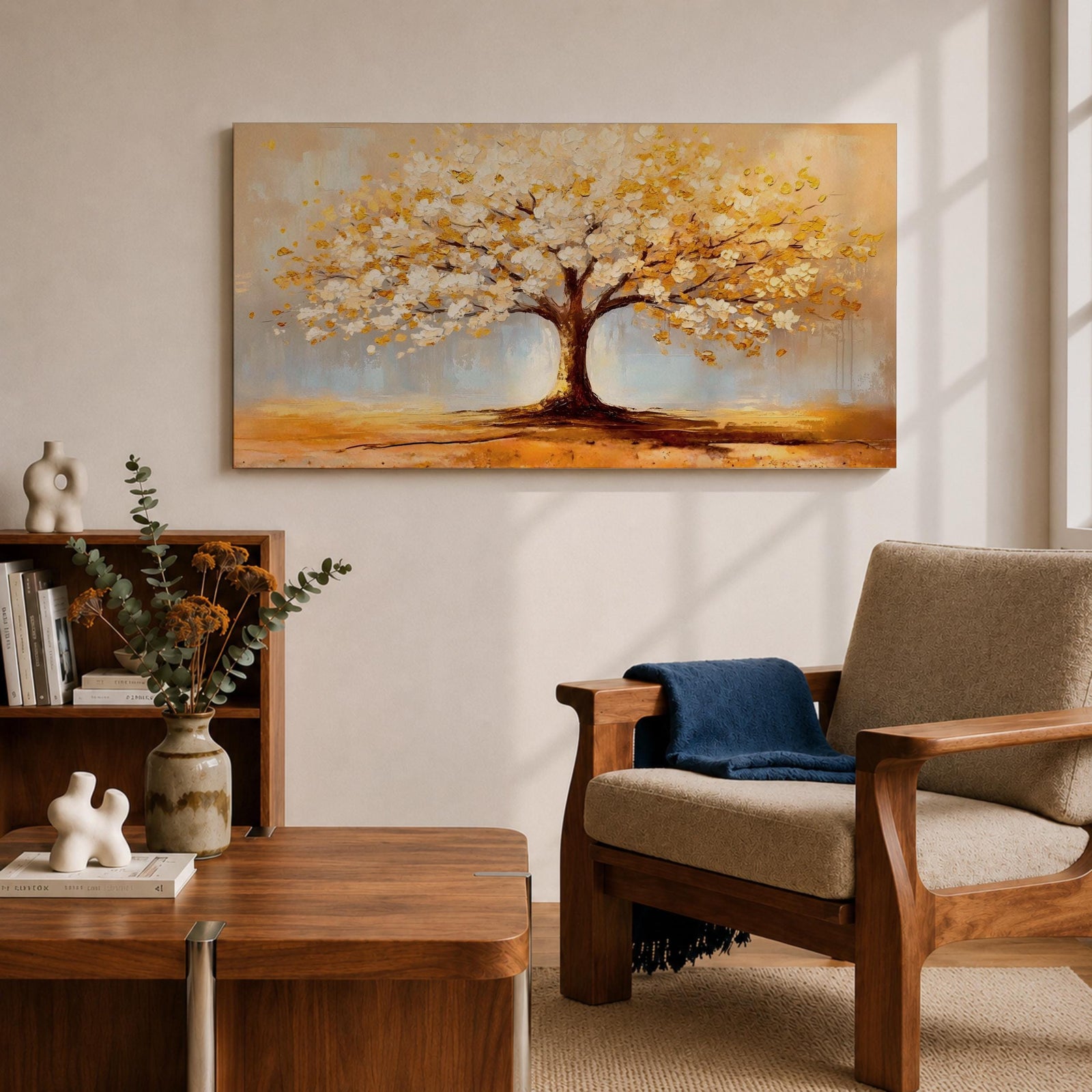 A panoramic painting of a golden tree with blooming leaves in soft white and gold tones, set against a dreamy abstract background with warm light and textured brushstrokes.