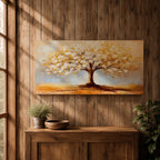 A panoramic painting of a golden tree with blooming leaves in soft white and gold tones, set against a dreamy abstract background with warm light and textured brushstrokes.