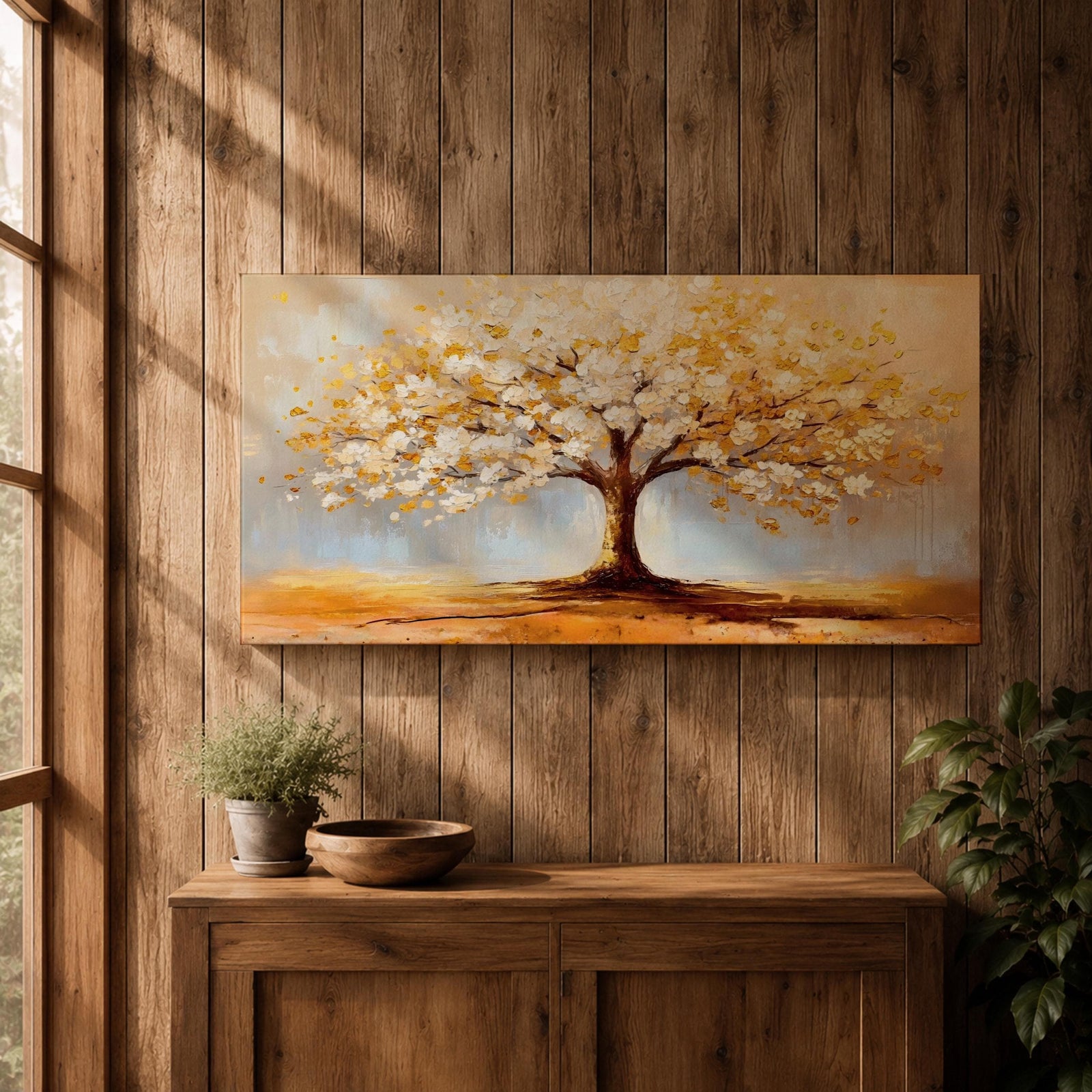 A panoramic painting of a golden tree with blooming leaves in soft white and gold tones, set against a dreamy abstract background with warm light and textured brushstrokes.