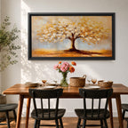 A panoramic painting of a golden tree with blooming leaves in soft white and gold tones, set against a dreamy abstract background with warm light and textured brushstrokes.