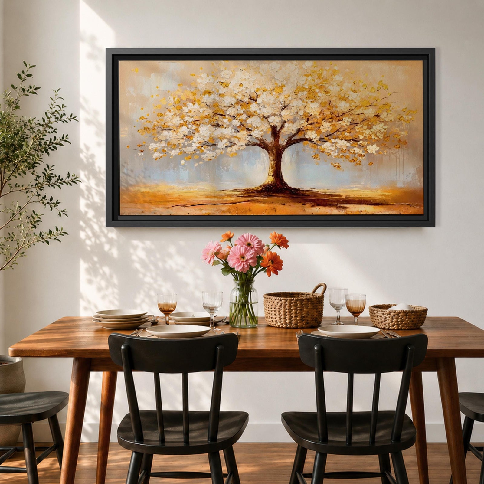 A panoramic painting of a golden tree with blooming leaves in soft white and gold tones, set against a dreamy abstract background with warm light and textured brushstrokes.