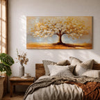 A panoramic painting of a golden tree with blooming leaves in soft white and gold tones, set against a dreamy abstract background with warm light and textured brushstrokes.