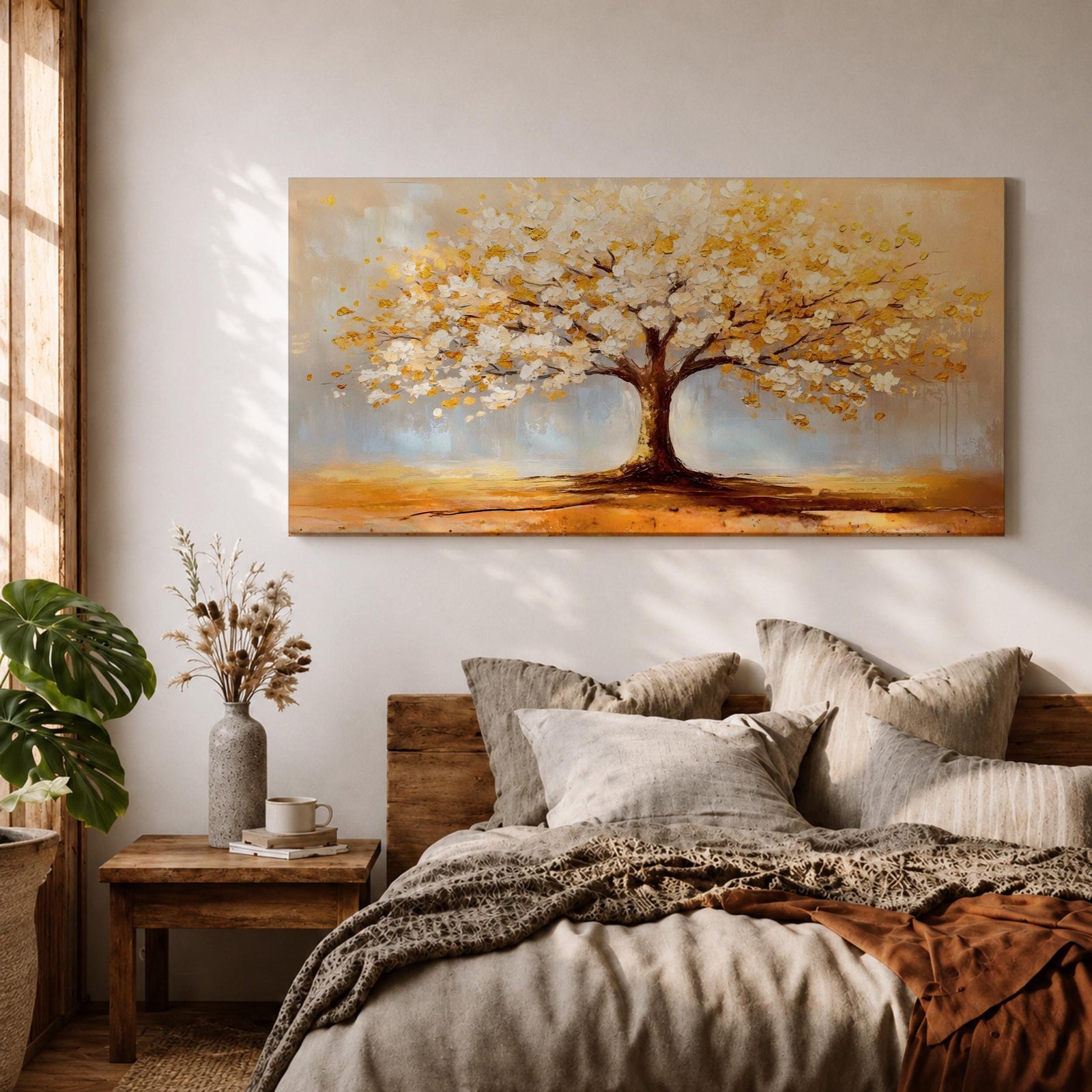A panoramic painting of a golden tree with blooming leaves in soft white and gold tones, set against a dreamy abstract background with warm light and textured brushstrokes.