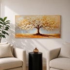 A panoramic painting of a golden tree with blooming leaves in soft white and gold tones, set against a dreamy abstract background with warm light and textured brushstrokes.