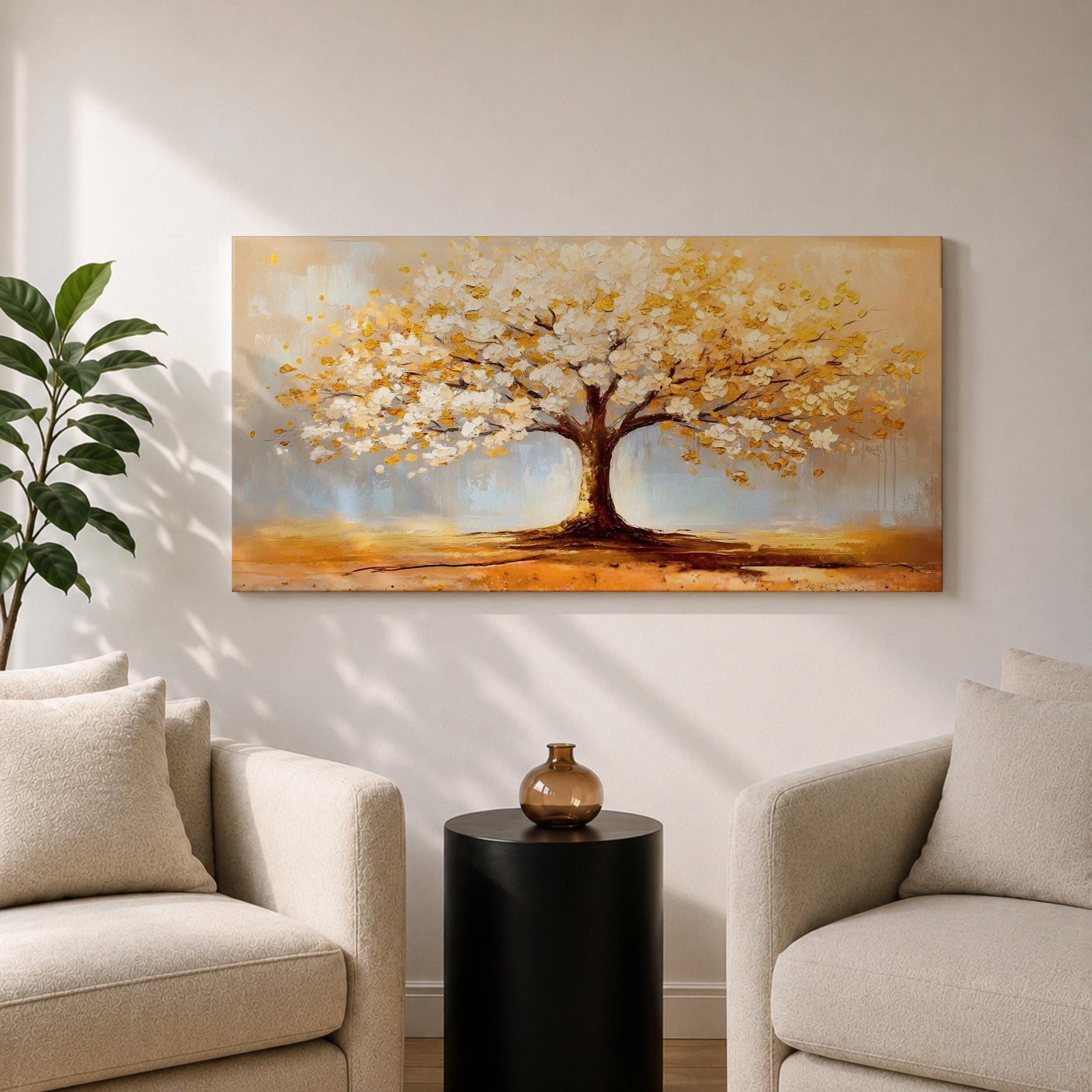 A panoramic painting of a golden tree with blooming leaves in soft white and gold tones, set against a dreamy abstract background with warm light and textured brushstrokes.