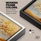 A panoramic painting of a golden tree with blooming leaves in soft white and gold tones, set against a dreamy abstract background with warm light and textured brushstrokes.
