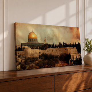 A panoramic painting of Masjid Al-Aqsa within the Jerusalem skyline, featuring the golden dome rising above layered stone walls and historic structures, rendered in an antique textured style with warm earthy tones and a softly blended sky that adds depth across the wide composition.
