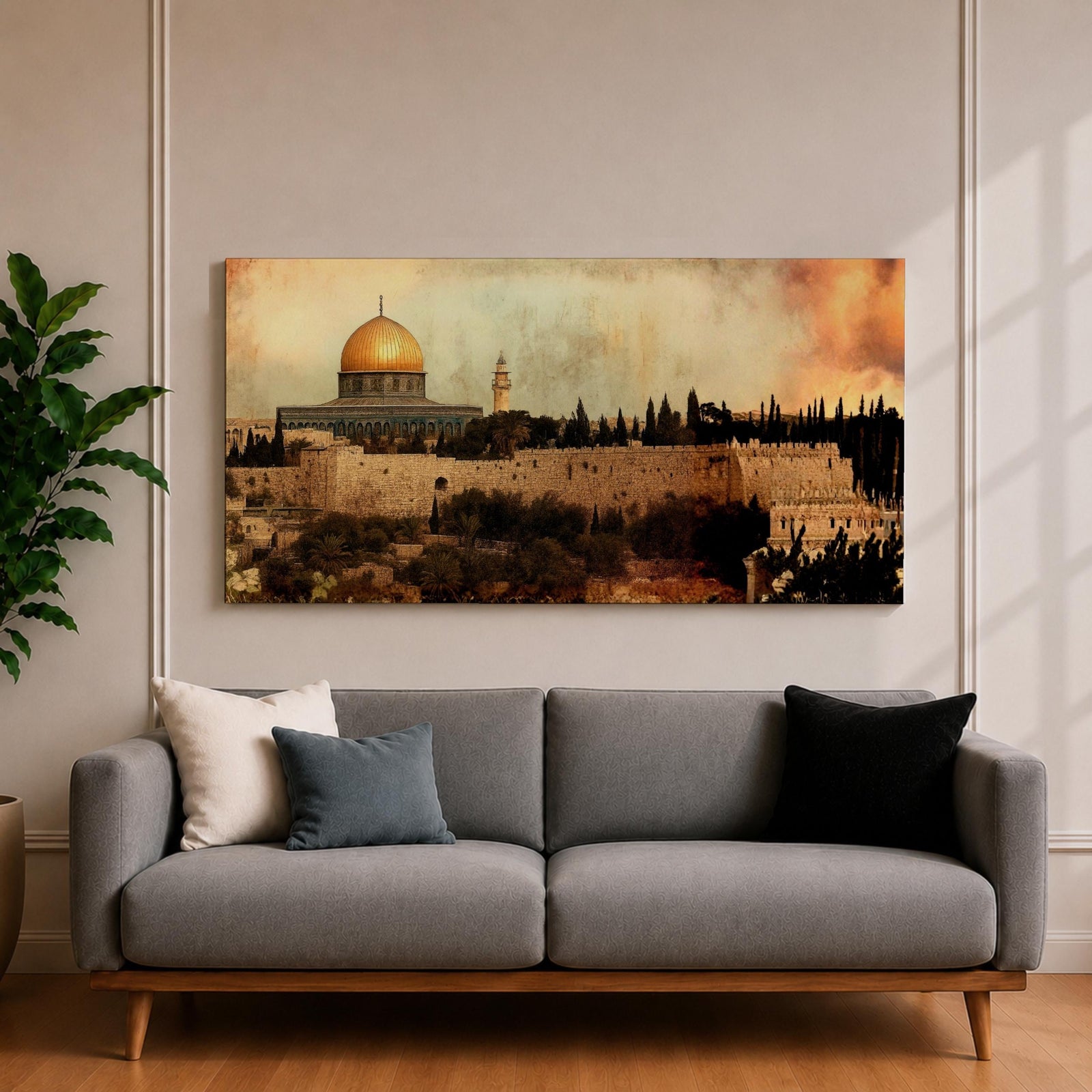 A panoramic painting of Masjid Al-Aqsa within the Jerusalem skyline, featuring the golden dome rising above layered stone walls and historic structures, rendered in an antique textured style with warm earthy tones and a softly blended sky that adds depth across the wide composition.