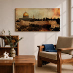 A panoramic painting of Masjid Al-Aqsa within the Jerusalem skyline, featuring the golden dome rising above layered stone walls and historic structures, rendered in an antique textured style with warm earthy tones and a softly blended sky that adds depth across the wide composition.