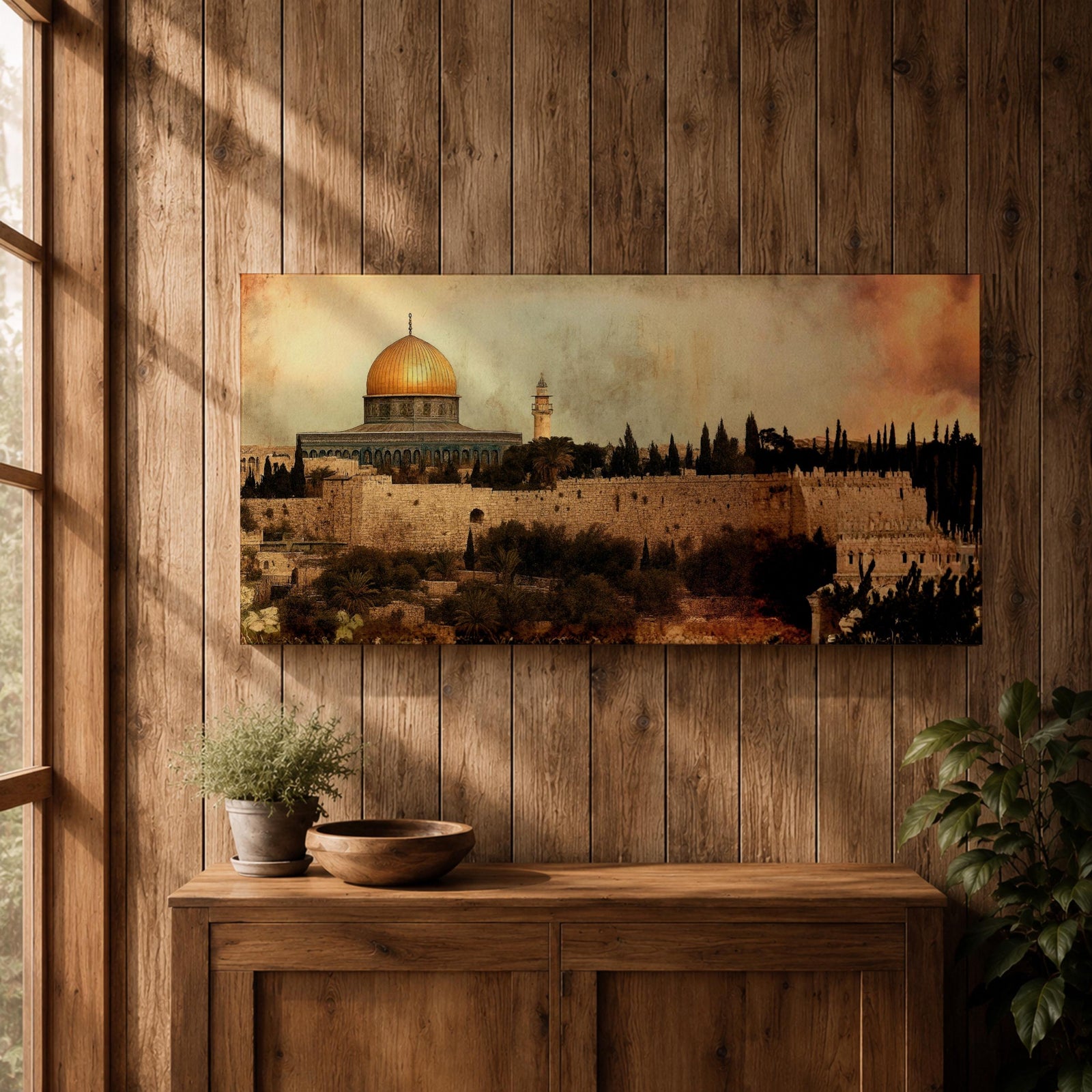 A panoramic painting of Masjid Al-Aqsa within the Jerusalem skyline, featuring the golden dome rising above layered stone walls and historic structures, rendered in an antique textured style with warm earthy tones and a softly blended sky that adds depth across the wide composition.