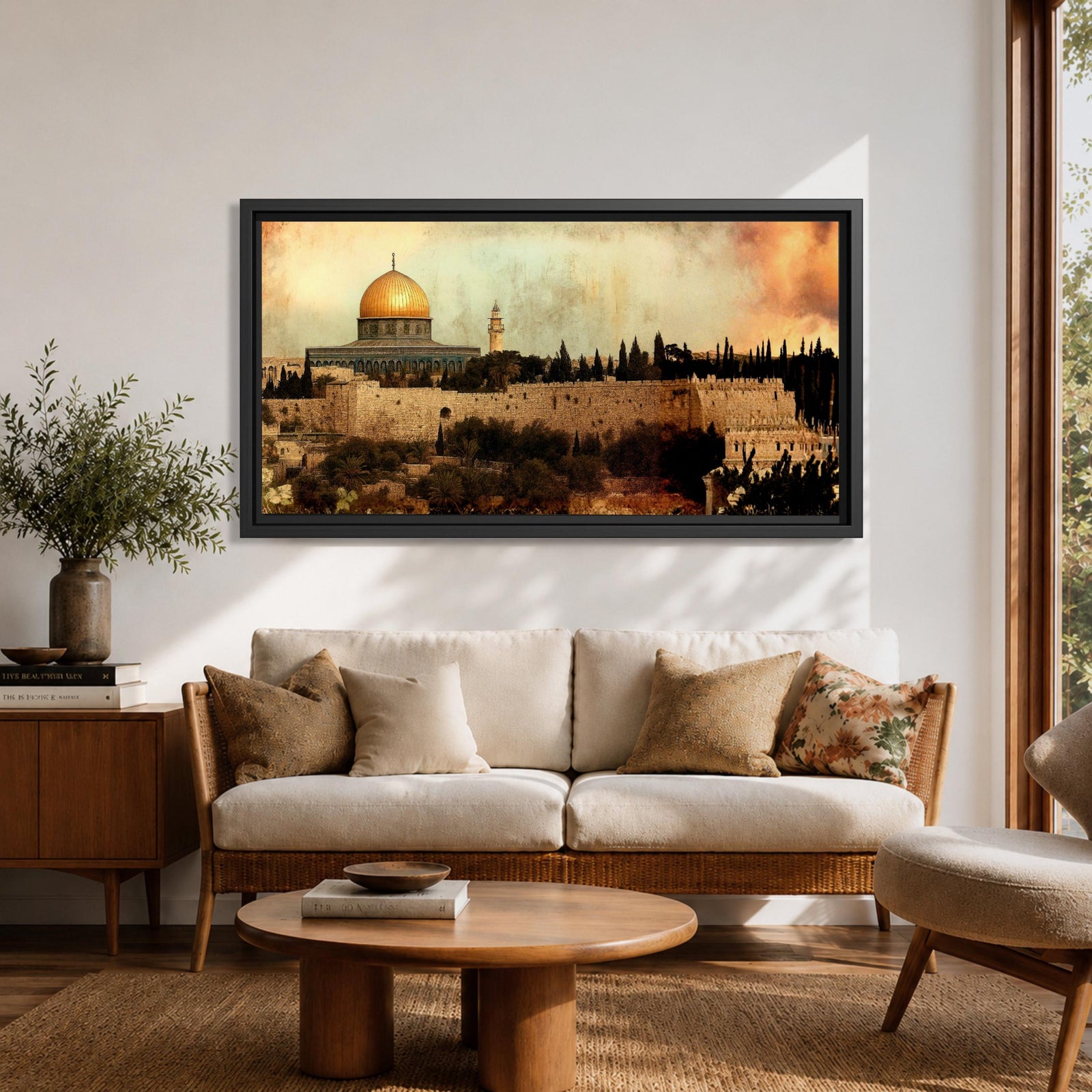 A panoramic painting of Masjid Al-Aqsa within the Jerusalem skyline, featuring the golden dome rising above layered stone walls and historic structures, rendered in an antique textured style with warm earthy tones and a softly blended sky that adds depth across the wide composition.