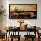 A panoramic painting of Masjid Al-Aqsa within the Jerusalem skyline, featuring the golden dome rising above layered stone walls and historic structures, rendered in an antique textured style with warm earthy tones and a softly blended sky that adds depth across the wide composition.