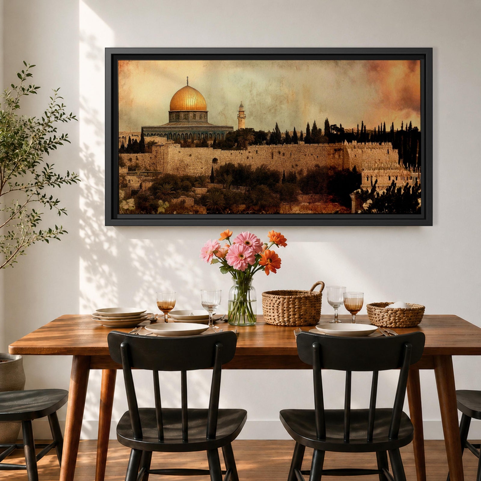 A panoramic painting of Masjid Al-Aqsa within the Jerusalem skyline, featuring the golden dome rising above layered stone walls and historic structures, rendered in an antique textured style with warm earthy tones and a softly blended sky that adds depth across the wide composition.