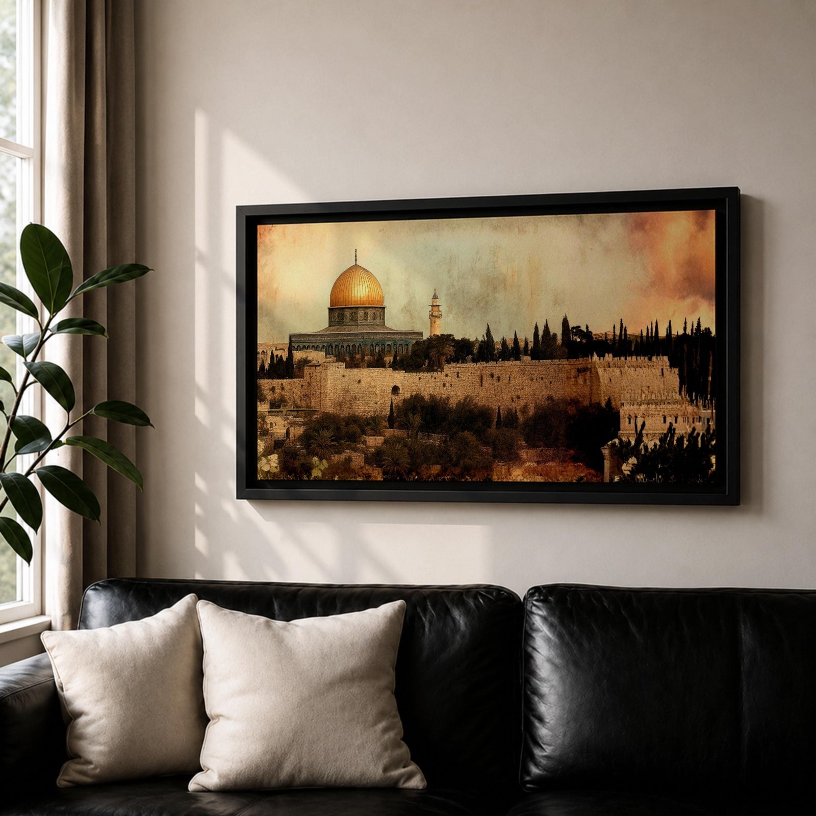 A panoramic painting of Masjid Al-Aqsa within the Jerusalem skyline, featuring the golden dome rising above layered stone walls and historic structures, rendered in an antique textured style with warm earthy tones and a softly blended sky that adds depth across the wide composition.