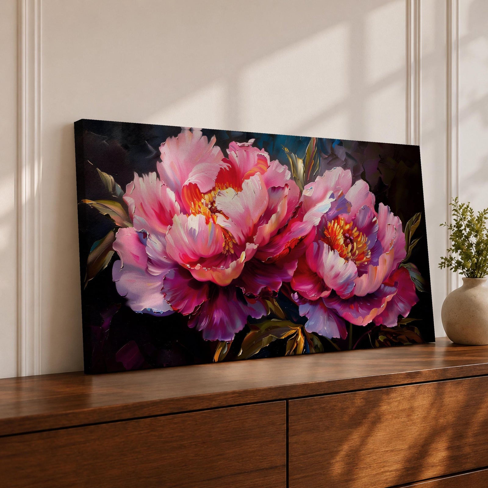 Panoramic floral painting of large pink peony blossoms in full bloom with layered petals and glowing golden centers set against a deep dark background. The composition highlights rich magenta, blush, and lavender tones with expressive brushwork and dramatic contrast, creating a bold close up botanical arrangement.