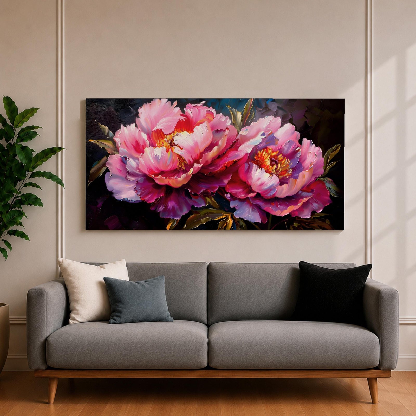 Panoramic floral painting of large pink peony blossoms in full bloom with layered petals and glowing golden centers set against a deep dark background. The composition highlights rich magenta, blush, and lavender tones with expressive brushwork and dramatic contrast, creating a bold close up botanical arrangement.