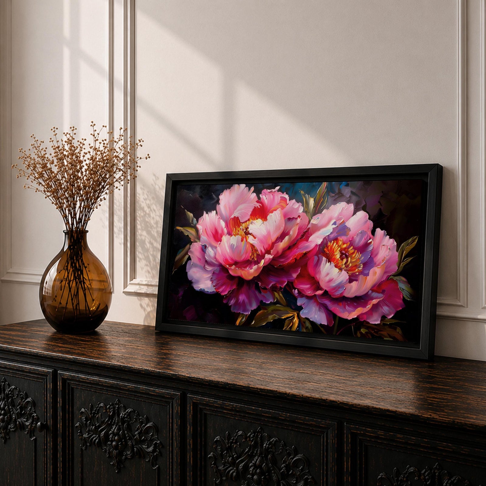 Panoramic floral painting of large pink peony blossoms in full bloom with layered petals and glowing golden centers set against a deep dark background. The composition highlights rich magenta, blush, and lavender tones with expressive brushwork and dramatic contrast, creating a bold close up botanical arrangement.