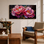 Panoramic floral painting of large pink peony blossoms in full bloom with layered petals and glowing golden centers set against a deep dark background. The composition highlights rich magenta, blush, and lavender tones with expressive brushwork and dramatic contrast, creating a bold close up botanical arrangement.