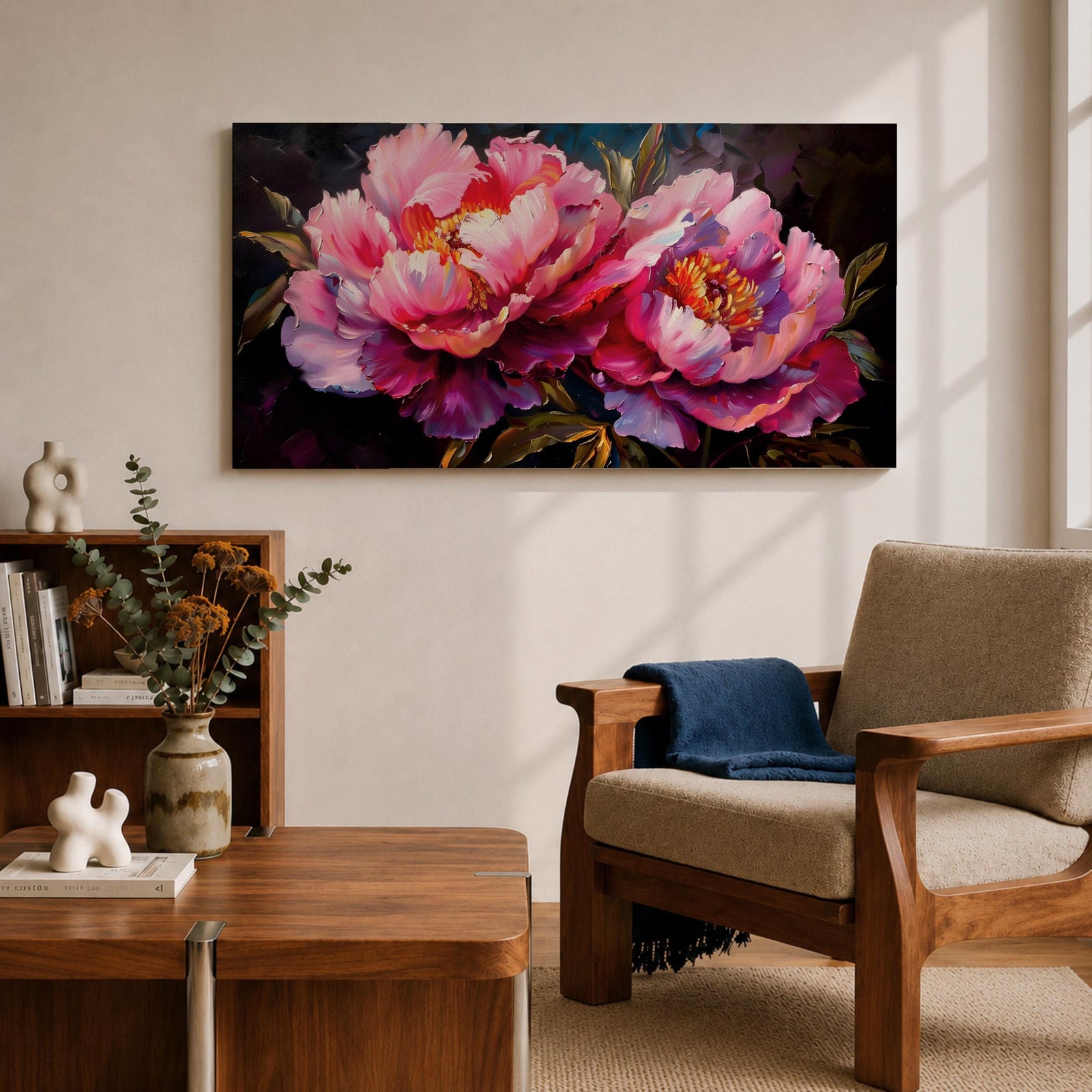 Panoramic floral painting of large pink peony blossoms in full bloom with layered petals and glowing golden centers set against a deep dark background. The composition highlights rich magenta, blush, and lavender tones with expressive brushwork and dramatic contrast, creating a bold close up botanical arrangement.