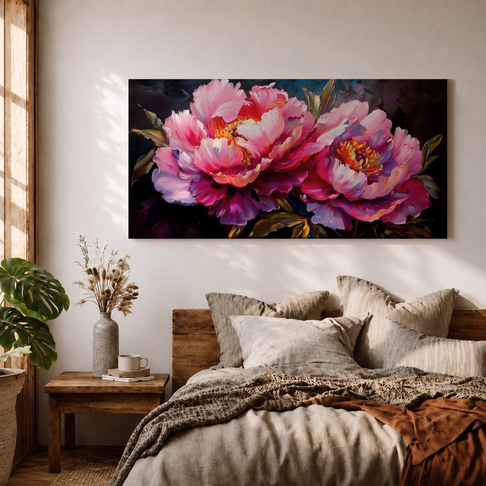 Panoramic floral painting of large pink peony blossoms in full bloom with layered petals and glowing golden centers set against a deep dark background. The composition highlights rich magenta, blush, and lavender tones with expressive brushwork and dramatic contrast, creating a bold close up botanical arrangement.