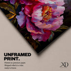Panoramic floral painting of large pink peony blossoms in full bloom with layered petals and glowing golden centers set against a deep dark background. The composition highlights rich magenta, blush, and lavender tones with expressive brushwork and dramatic contrast, creating a bold close up botanical arrangement.