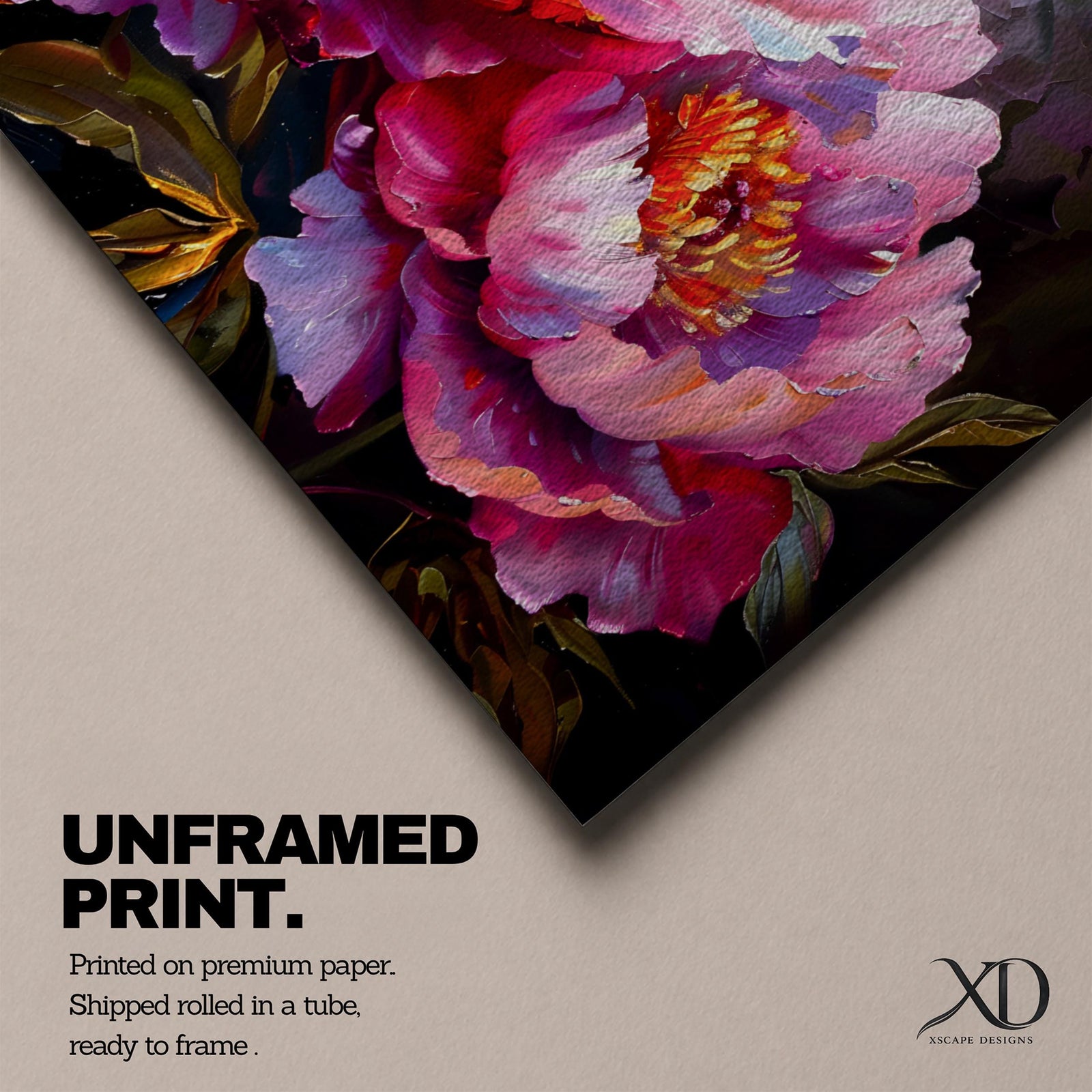 Panoramic floral painting of large pink peony blossoms in full bloom with layered petals and glowing golden centers set against a deep dark background. The composition highlights rich magenta, blush, and lavender tones with expressive brushwork and dramatic contrast, creating a bold close up botanical arrangement.