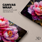 Panoramic floral painting of large pink peony blossoms in full bloom with layered petals and glowing golden centers set against a deep dark background. The composition highlights rich magenta, blush, and lavender tones with expressive brushwork and dramatic contrast, creating a bold close up botanical arrangement.
