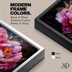 Panoramic floral painting of large pink peony blossoms in full bloom with layered petals and glowing golden centers set against a deep dark background. The composition highlights rich magenta, blush, and lavender tones with expressive brushwork and dramatic contrast, creating a bold close up botanical arrangement.