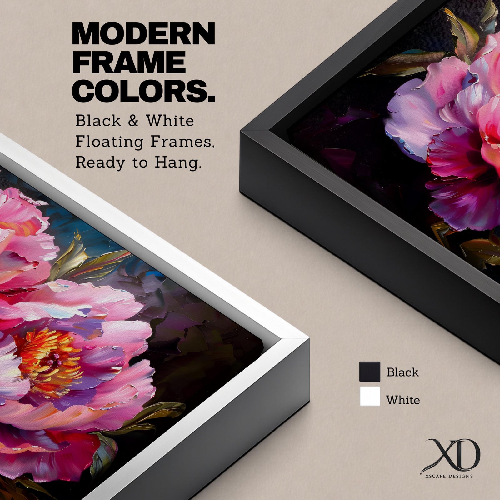Panoramic floral painting of large pink peony blossoms in full bloom with layered petals and glowing golden centers set against a deep dark background. The composition highlights rich magenta, blush, and lavender tones with expressive brushwork and dramatic contrast, creating a bold close up botanical arrangement.