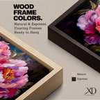 Panoramic floral painting of large pink peony blossoms in full bloom with layered petals and glowing golden centers set against a deep dark background. The composition highlights rich magenta, blush, and lavender tones with expressive brushwork and dramatic contrast, creating a bold close up botanical arrangement.