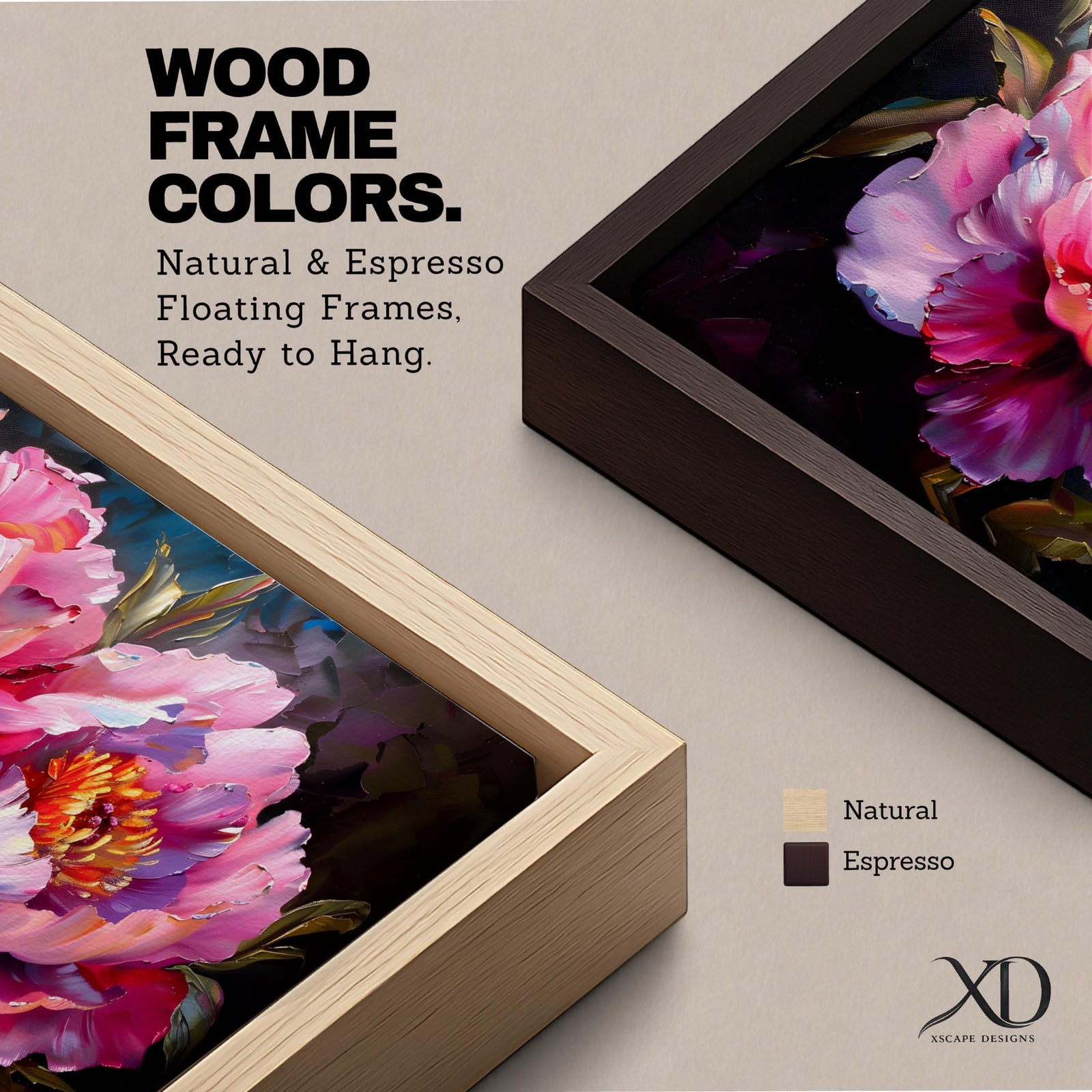 Panoramic floral painting of large pink peony blossoms in full bloom with layered petals and glowing golden centers set against a deep dark background. The composition highlights rich magenta, blush, and lavender tones with expressive brushwork and dramatic contrast, creating a bold close up botanical arrangement.