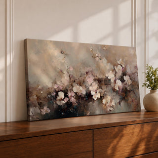 Panoramic abstract painting of delicate blossom branches with soft neutral tones and textured floral petals.