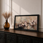 Panoramic abstract painting of delicate blossom branches with soft neutral tones and textured floral petals.