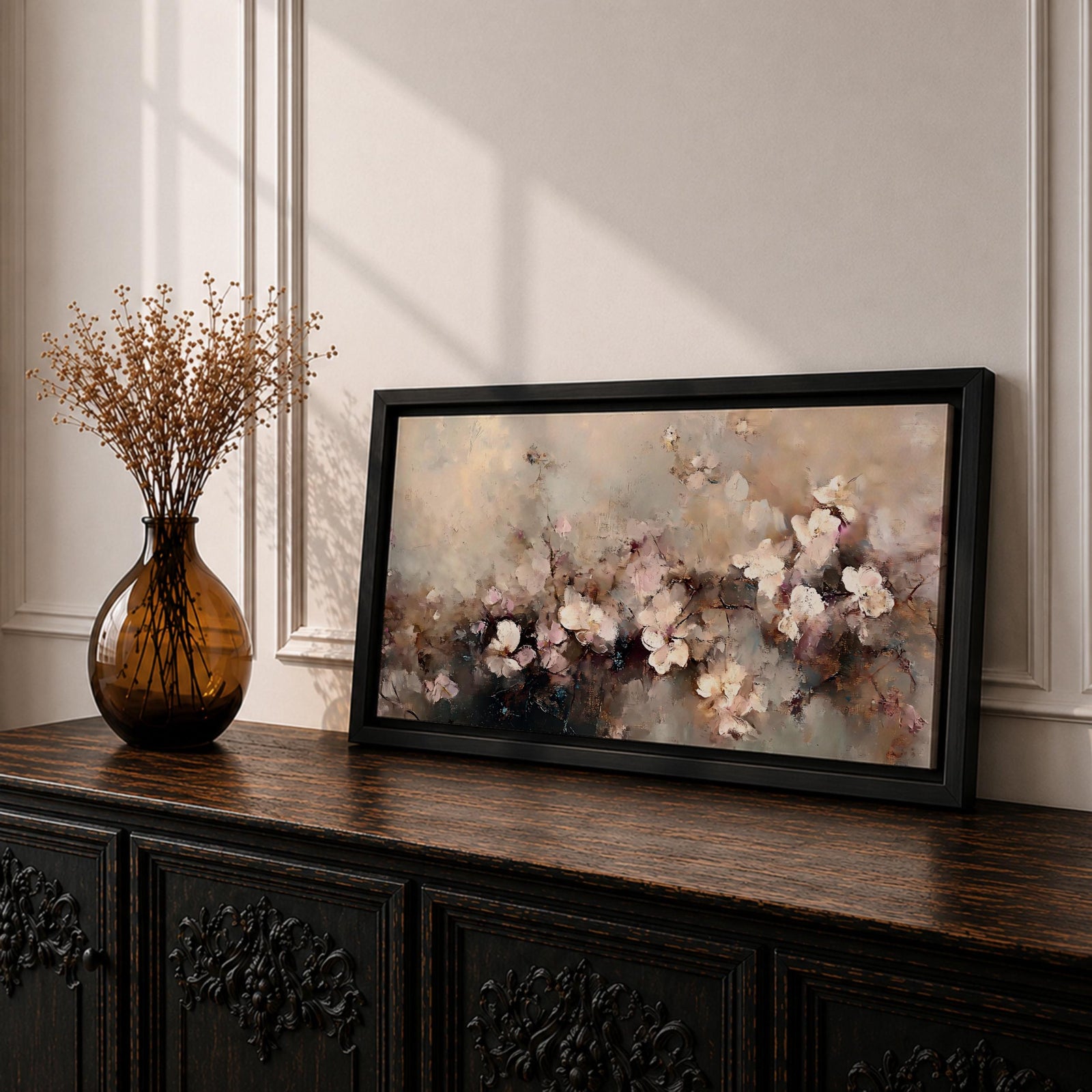 Panoramic abstract painting of delicate blossom branches with soft neutral tones and textured floral petals.