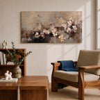 Panoramic abstract painting of delicate blossom branches with soft neutral tones and textured floral petals.