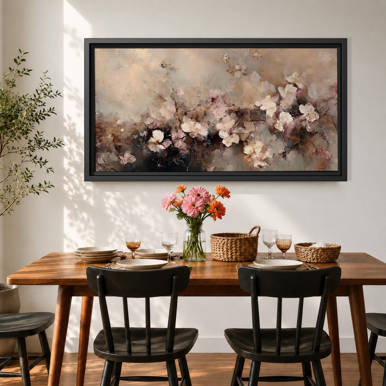 Panoramic abstract painting of delicate blossom branches with soft neutral tones and textured floral petals.