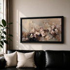 Panoramic abstract painting of delicate blossom branches with soft neutral tones and textured floral petals.
