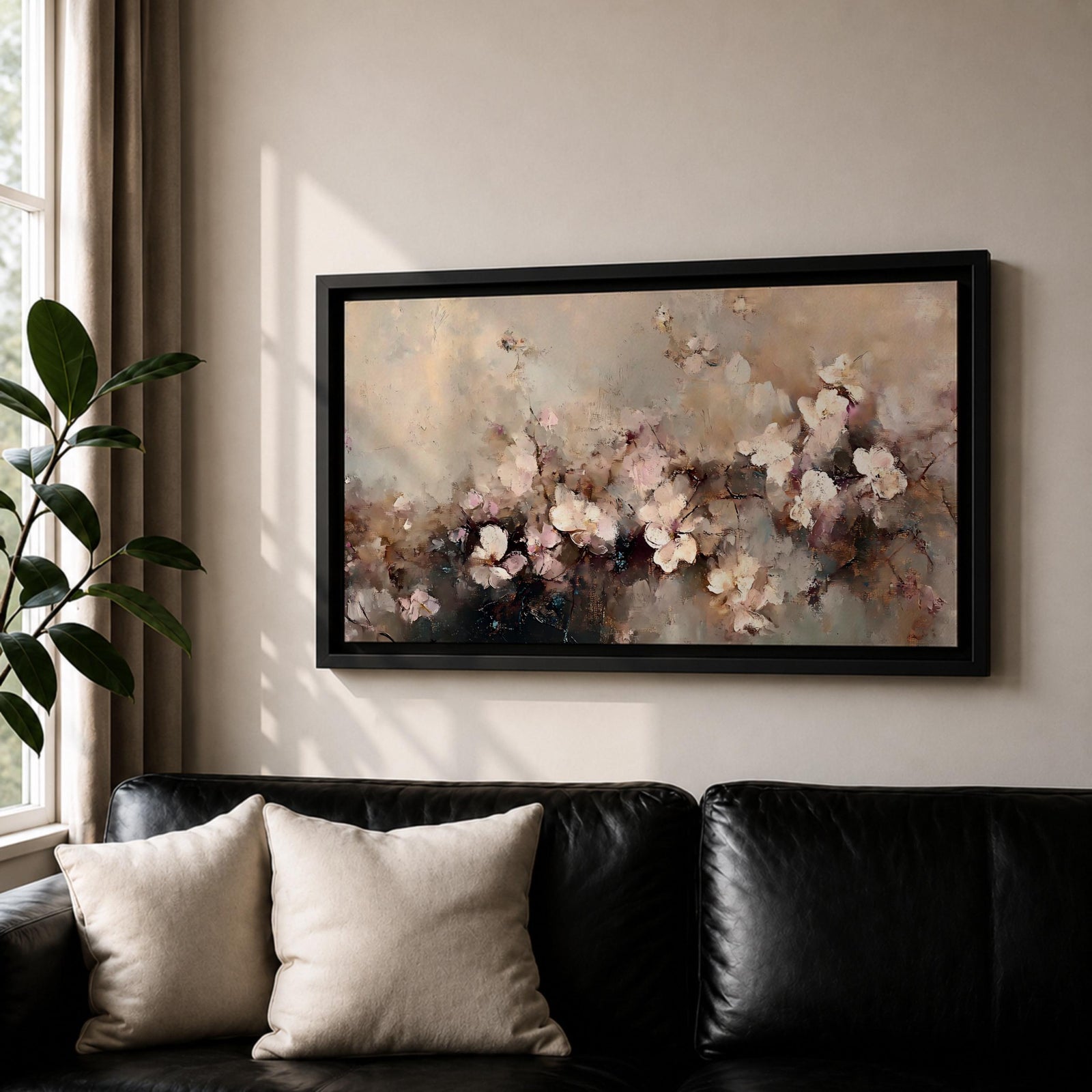 Panoramic abstract painting of delicate blossom branches with soft neutral tones and textured floral petals.