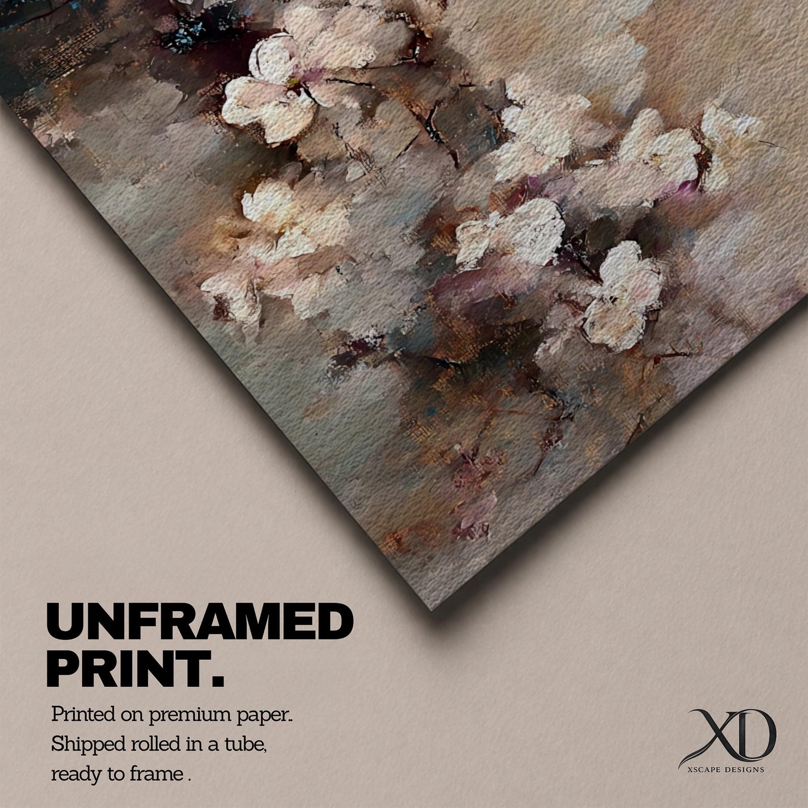 Panoramic abstract painting of delicate blossom branches with soft neutral tones and textured floral petals.