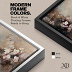 Panoramic abstract painting of delicate blossom branches with soft neutral tones and textured floral petals.