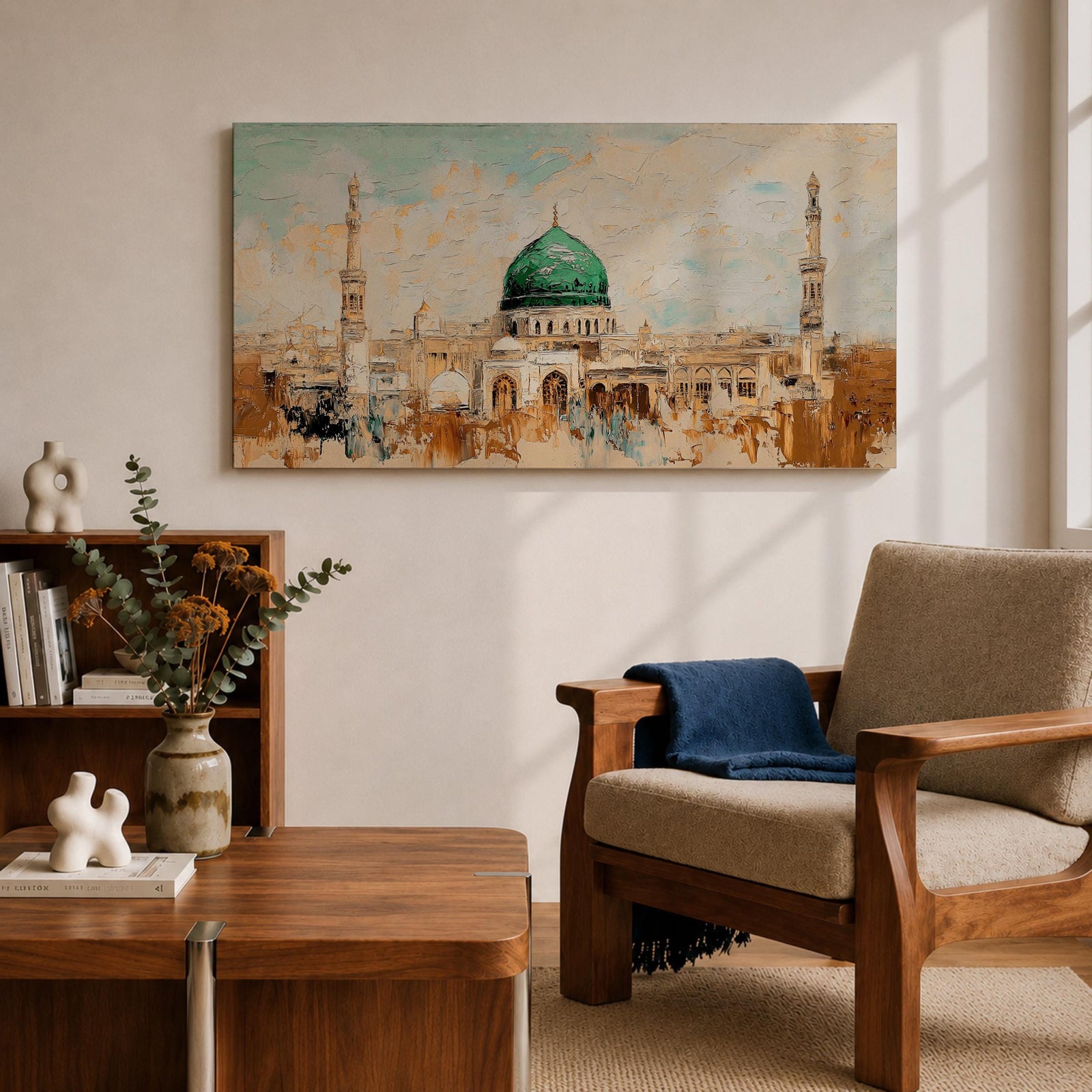 Panoramic abstract painting of Masjid Nabawi in Medina featuring the iconic green dome and two slender minarets rising above arches and mosque courtyards. The artwork uses thick textured brushstrokes in warm sand, gold, and cream tones with turquoise sky accents, highlighting the vibrant green dome in a wide horizontal composition.