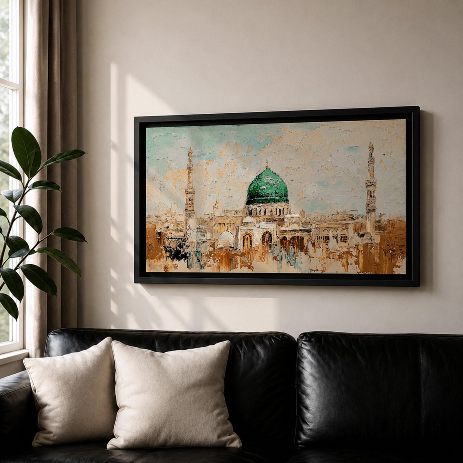 Panoramic abstract painting of Masjid Nabawi in Medina featuring the iconic green dome and two slender minarets rising above arches and mosque courtyards. The artwork uses thick textured brushstrokes in warm sand, gold, and cream tones with turquoise sky accents, highlighting the vibrant green dome in a wide horizontal composition.