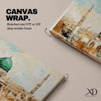 Panoramic abstract painting of Masjid Nabawi in Medina featuring the iconic green dome and two slender minarets rising above arches and mosque courtyards. The artwork uses thick textured brushstrokes in warm sand, gold, and cream tones with turquoise sky accents, highlighting the vibrant green dome in a wide horizontal composition.